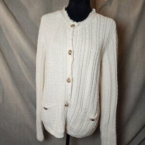 Tahari W XL Textured Cable Knit Ivory Cardigan Fringe Quiet Luxury Thick heavy